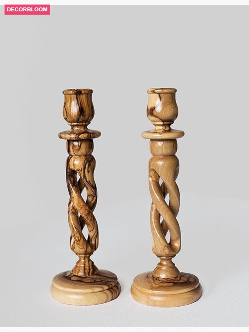 Pair Hand-Carved Olive Wood Hollow Twist Candle Holders